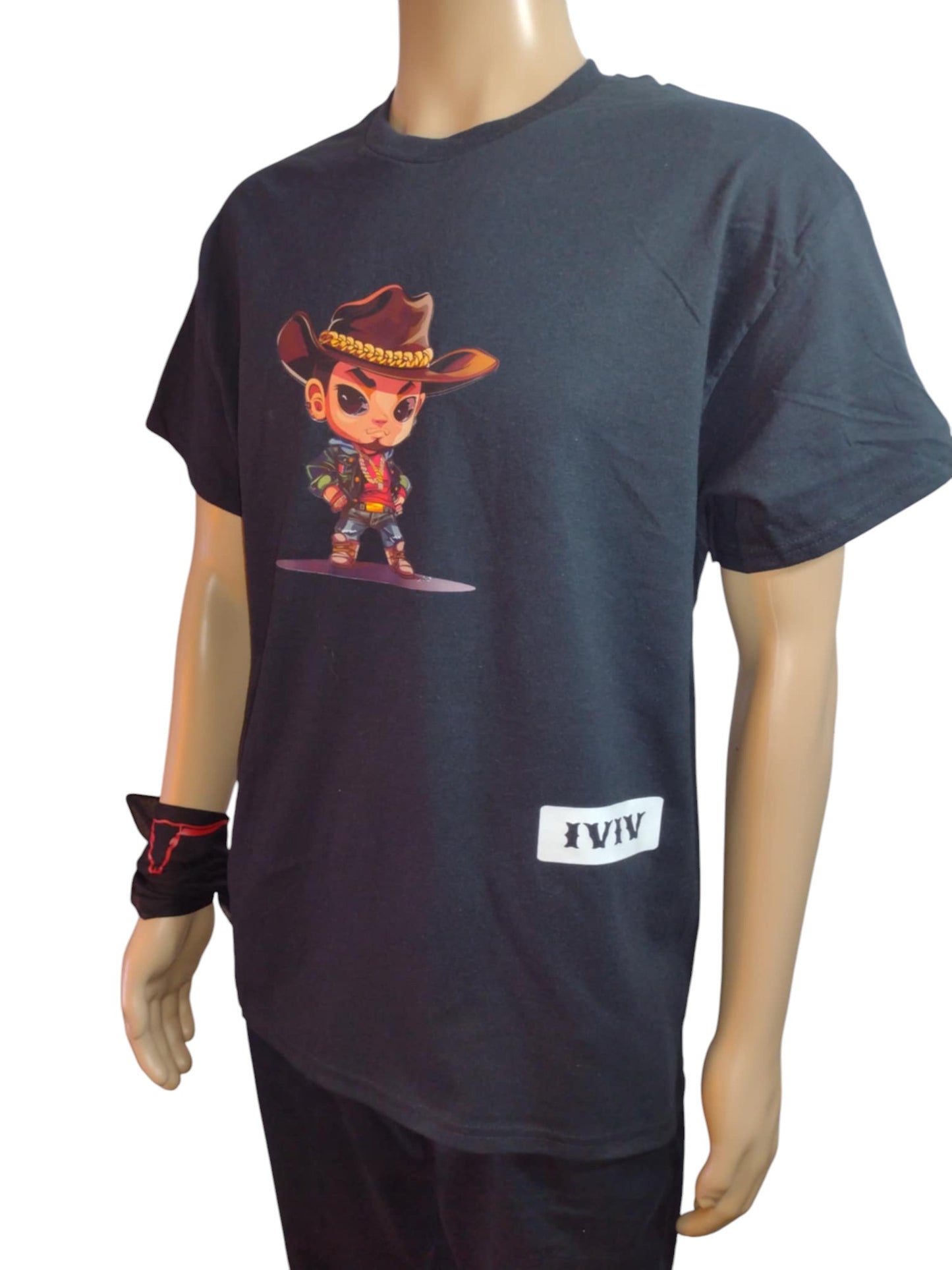 Unisex Black T-Shirt - Cartoon Cowboy print