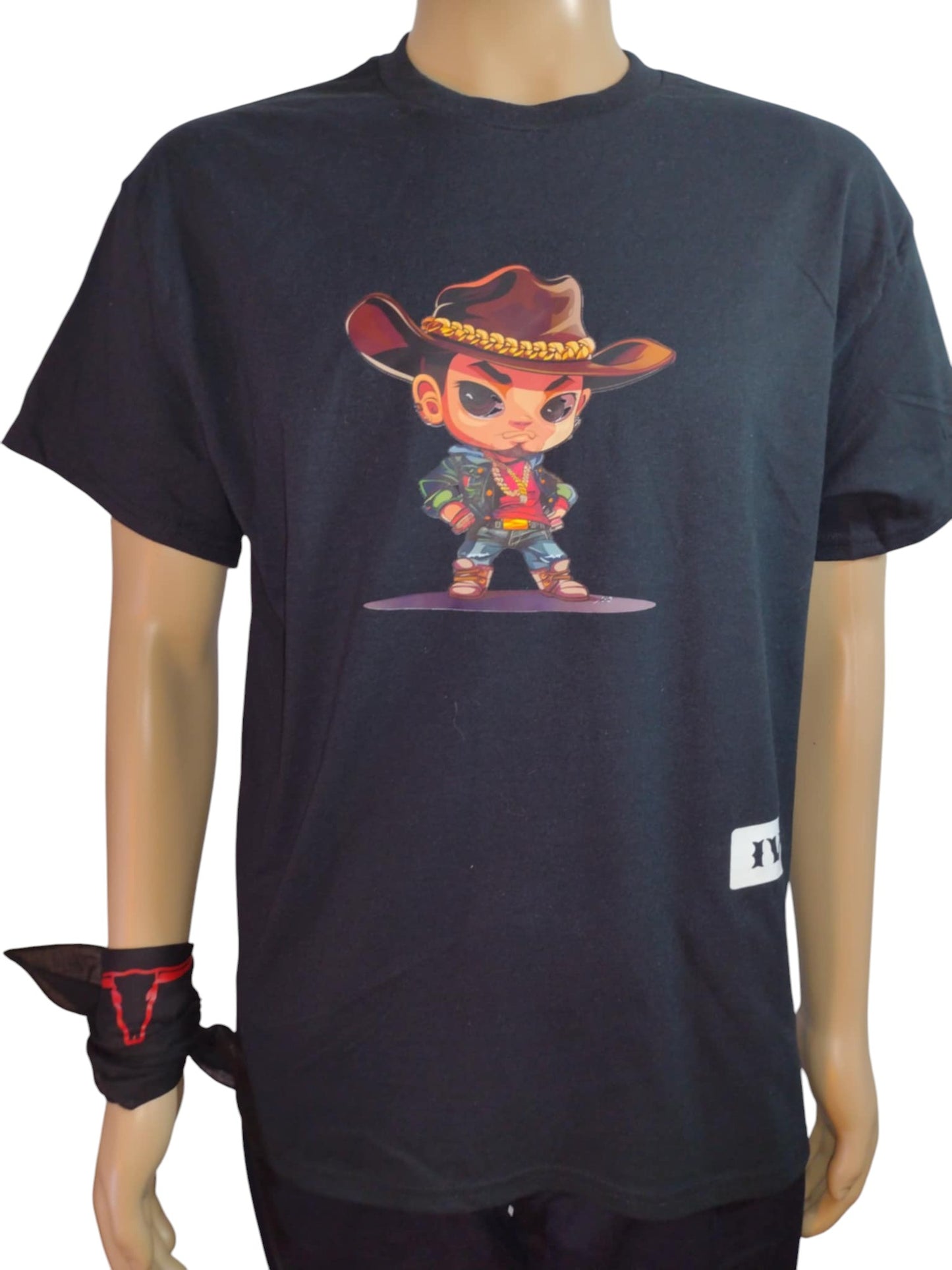 Unisex Black T-Shirt - Cartoon Cowboy print