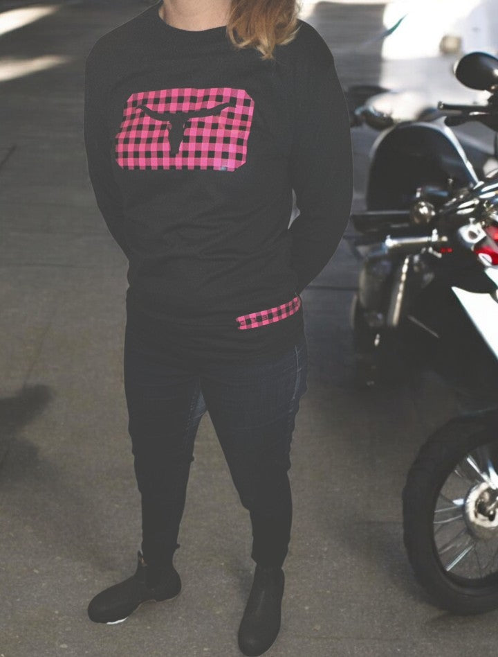 Women Long Sleeves Black Shirt - Pink Plaid print