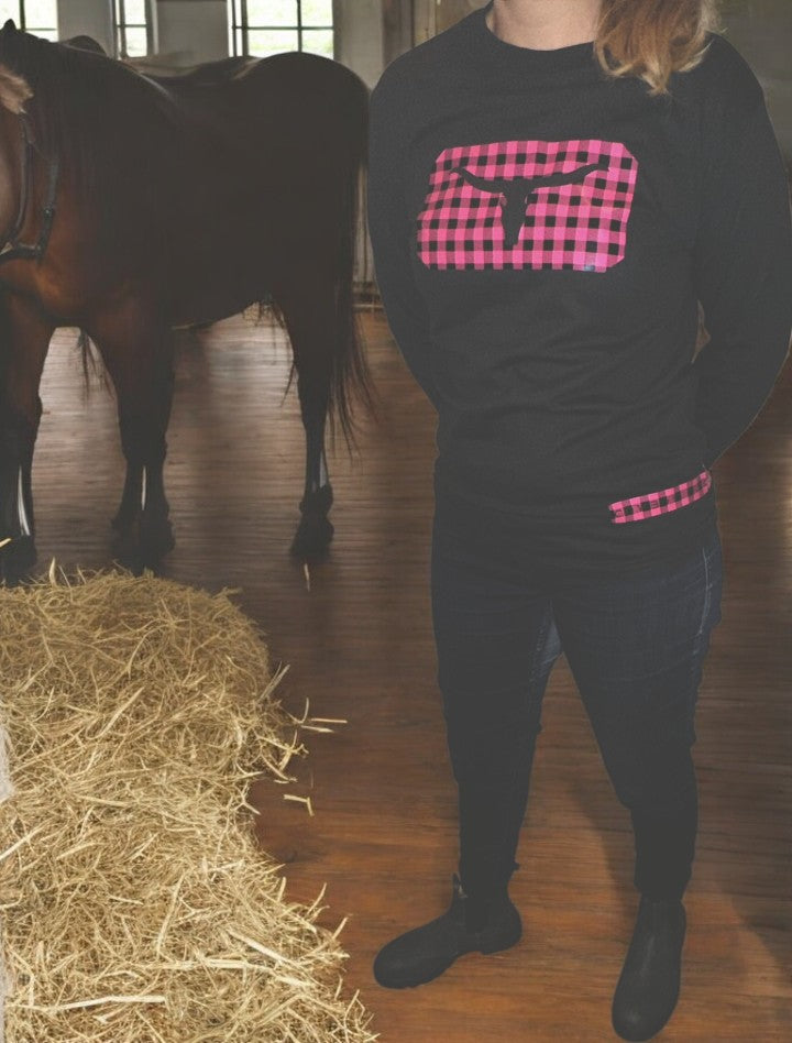 Women Long Sleeves Black Shirt - Pink Plaid print