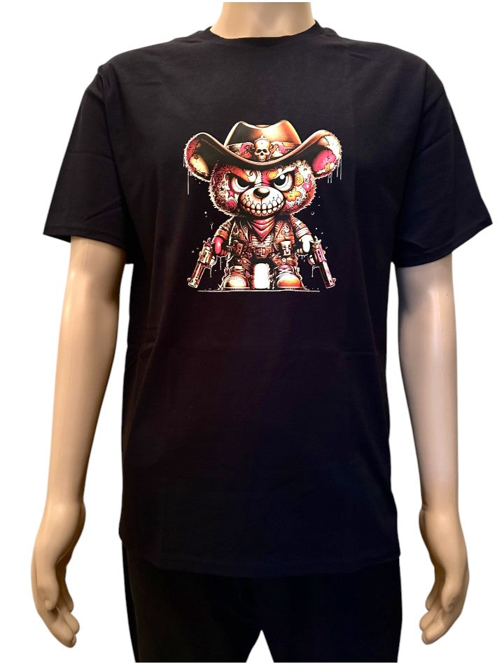 Unisex Short Sleeves Black T-Shirt - Gunslinger Bear print