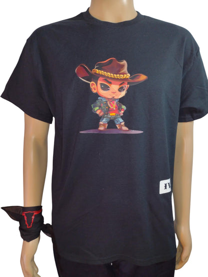 Unisex Black T-Shirt - Cartoon Cowboy print