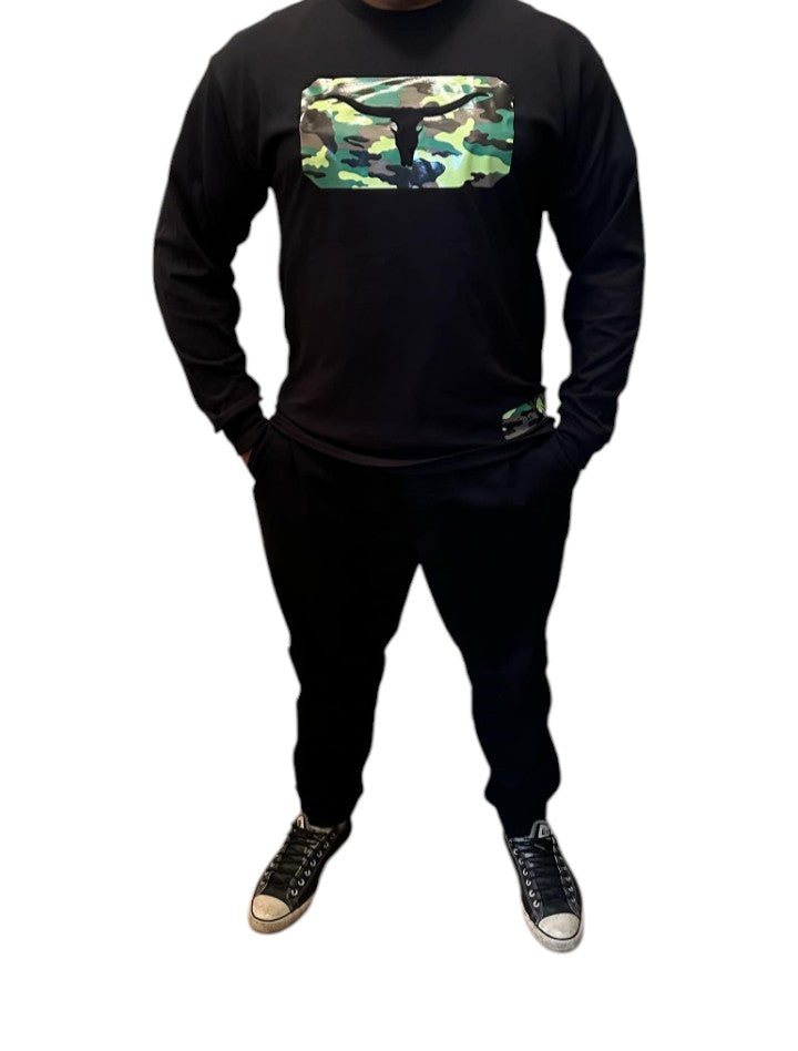 Unisex Long Sleeves Black Shirt - Camouflage print