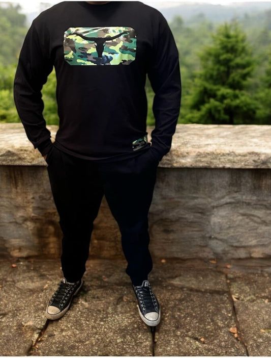 Unisex Long Sleeves Black Shirt - Camouflage print
