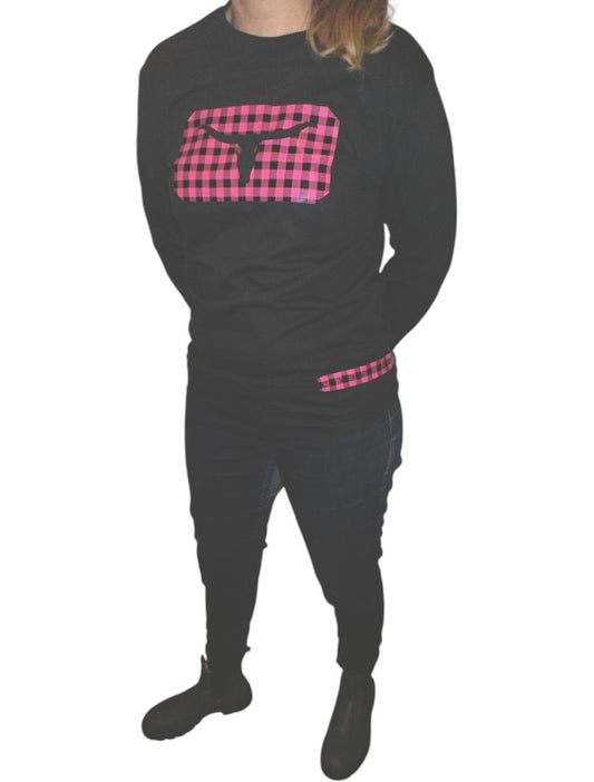 Women Long Sleeves Black Shirt - Pink Plaid print
