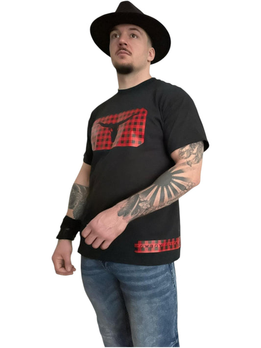 Unisex Black T-Shirt - Buffalo Red plaid