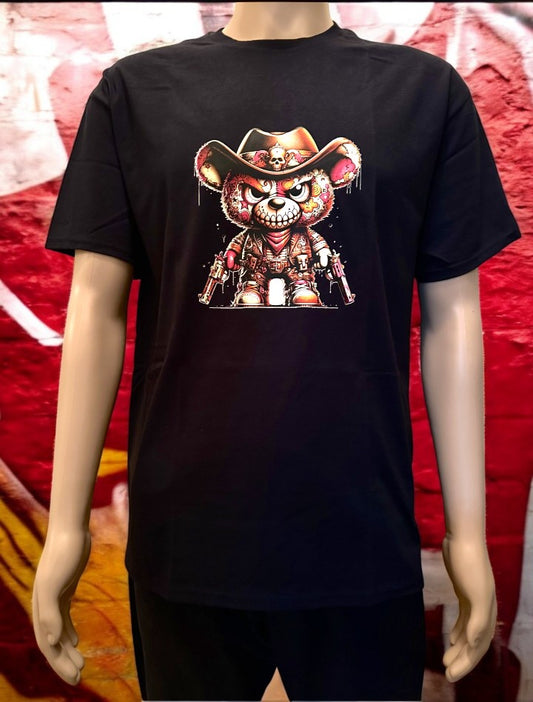 Unisex Short Sleeves Black T-Shirt - Gunslinger Bear print